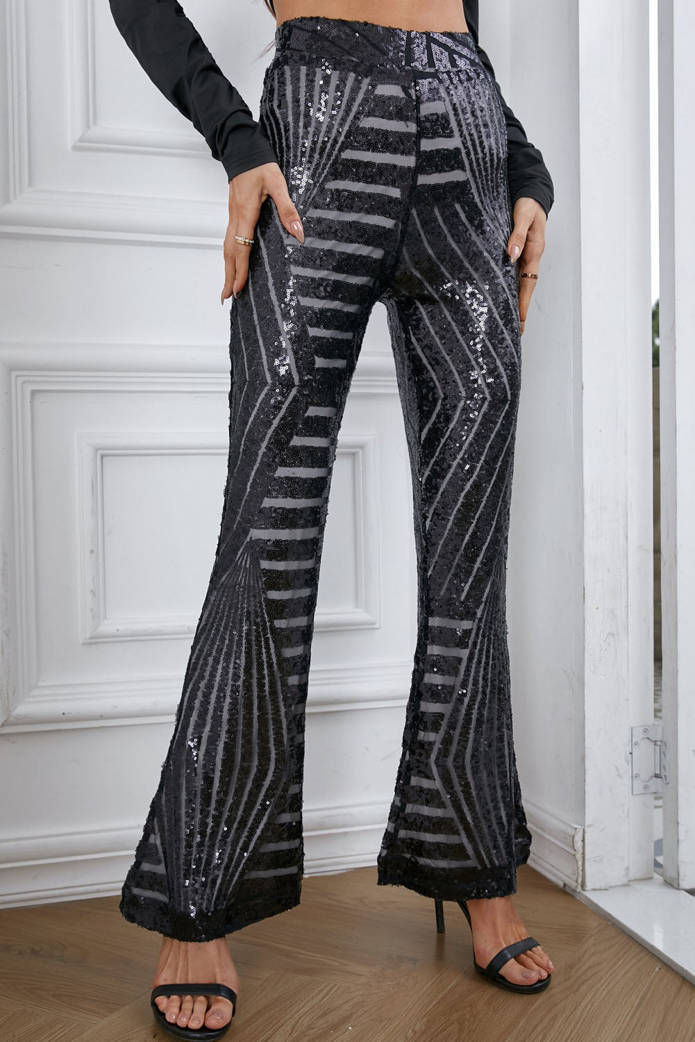 Sequin High Waist Flared Pants Print on any thing USA/STOD clothes