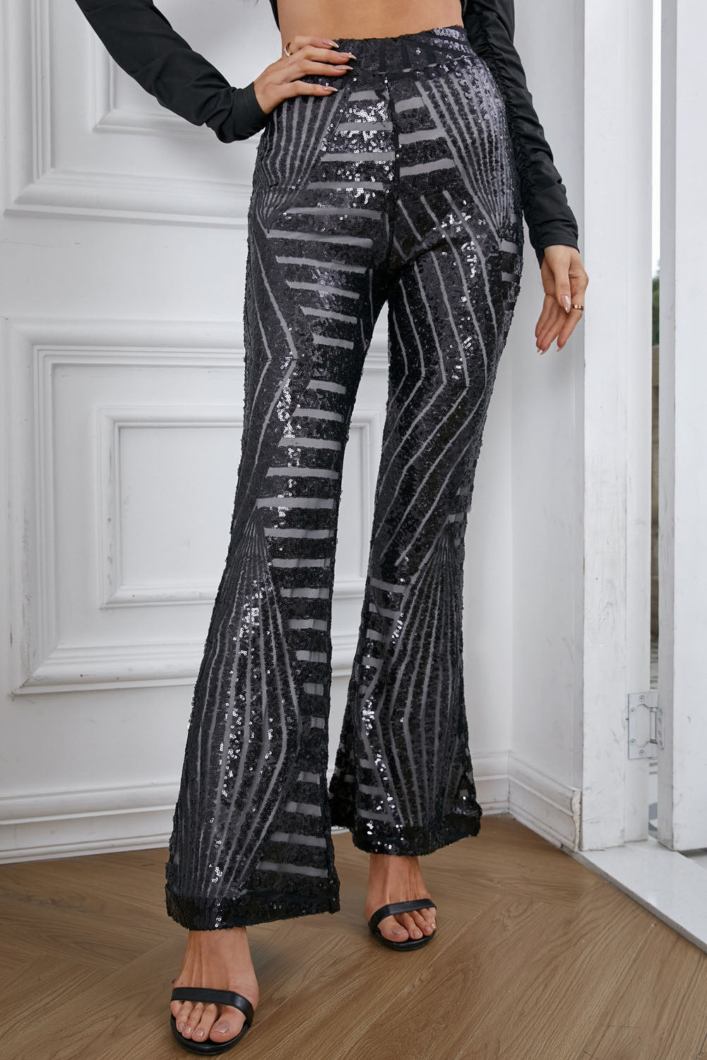 Sequin High Waist Flared Pants Print on any thing USA/STOD clothes