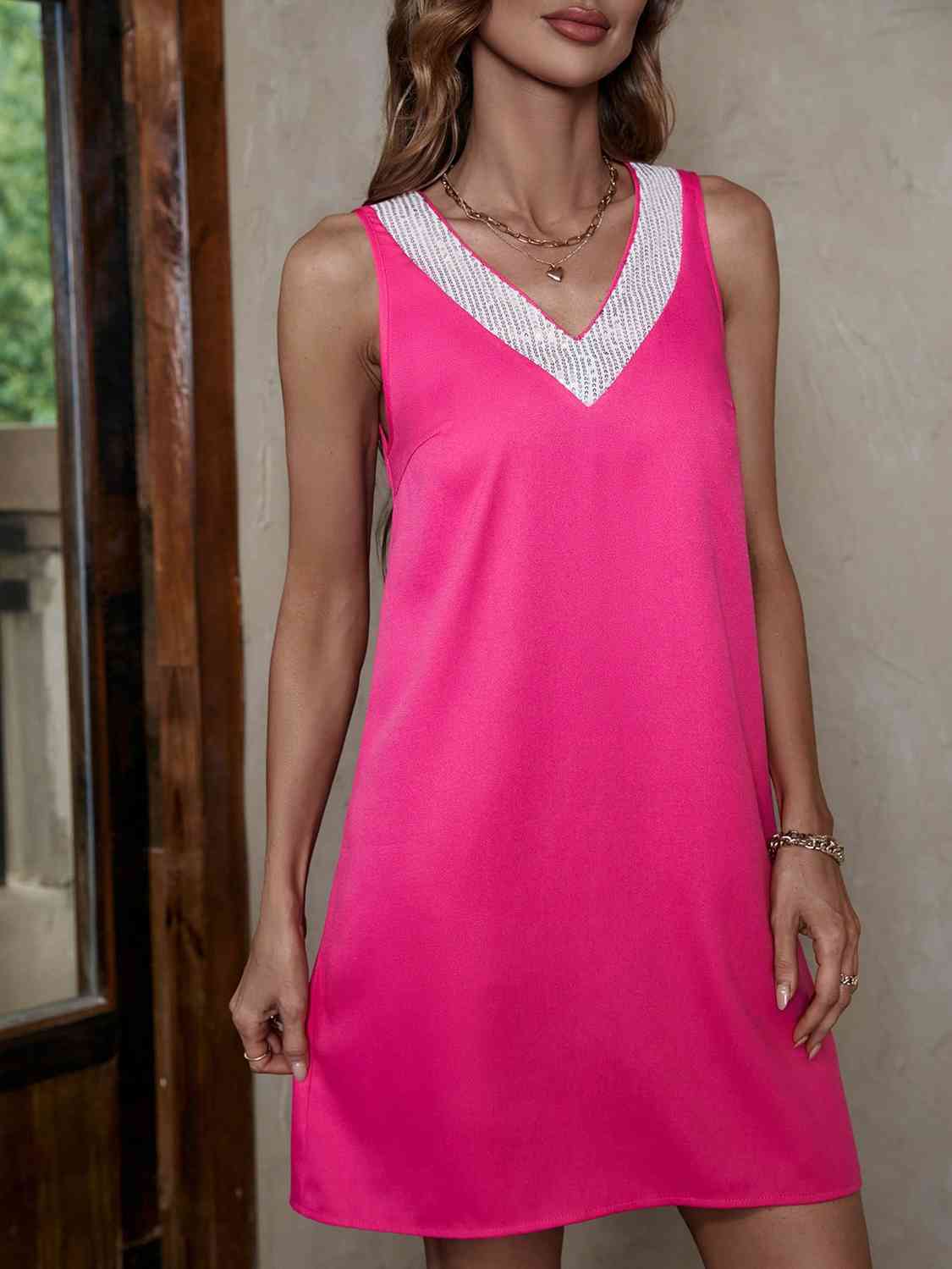 Sequin V-Neck Sleeveless Dress Print on any thing USA/STOD clothes