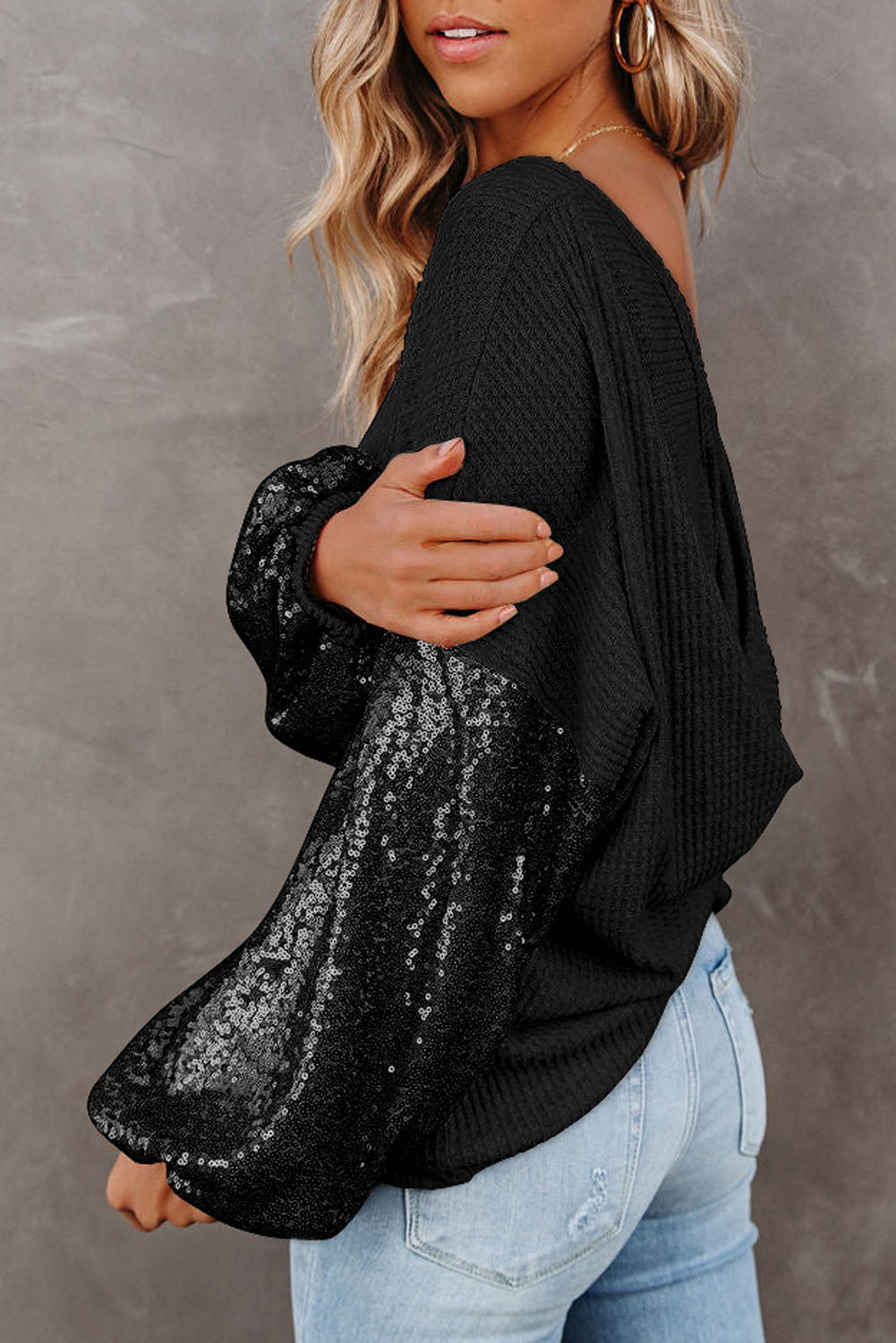 Sequin Waffle-Knit Blouse Print on any thing USA/STOD clothes