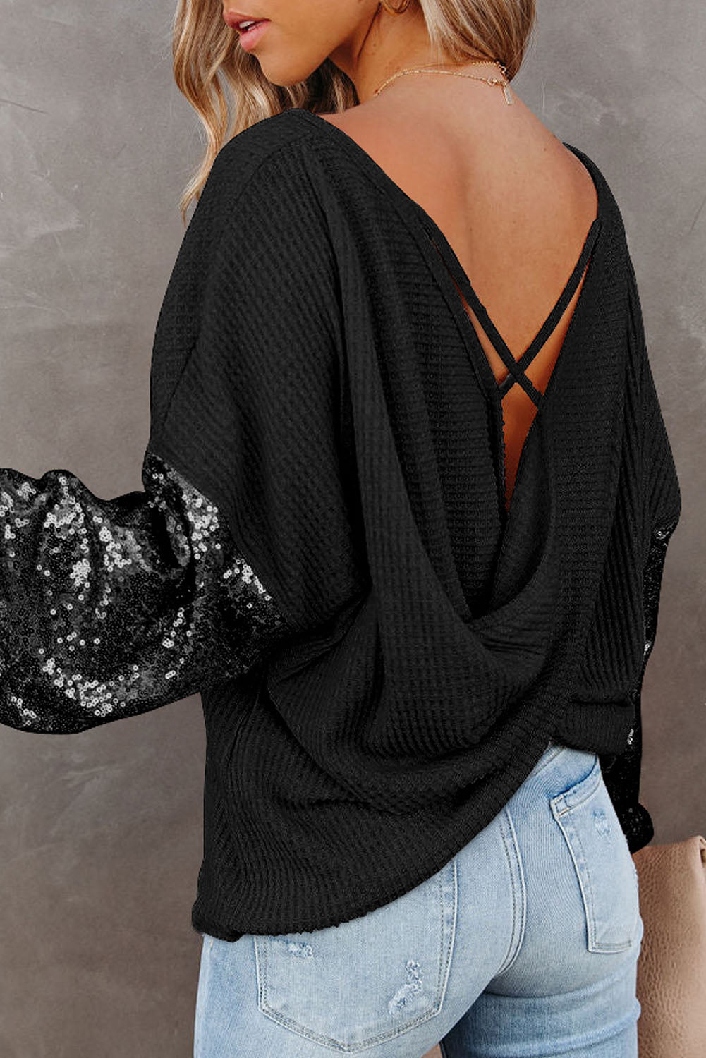 Sequin Waffle-Knit Blouse Print on any thing USA/STOD clothes