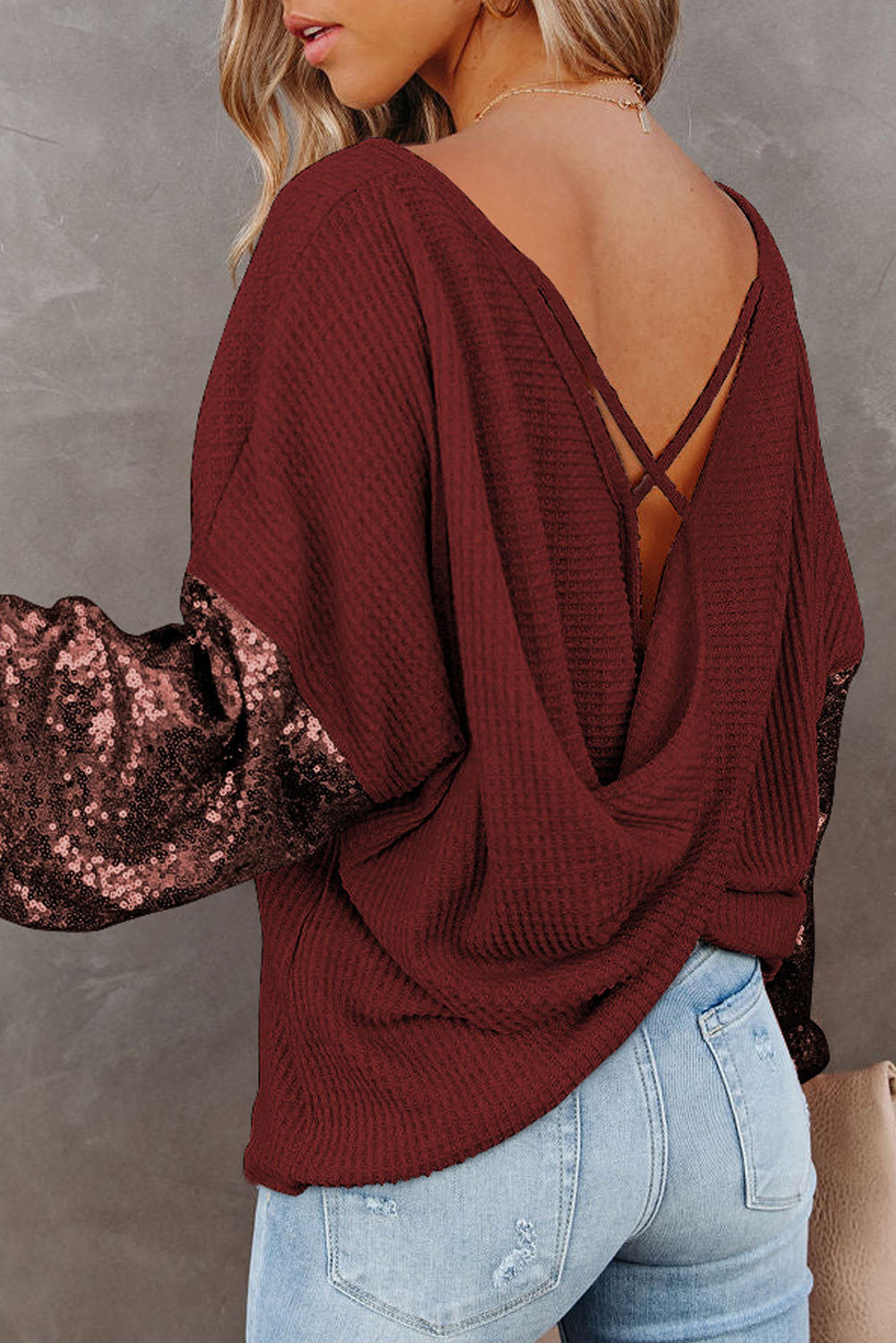 Sequin Waffle-Knit Blouse Print on any thing USA/STOD clothes