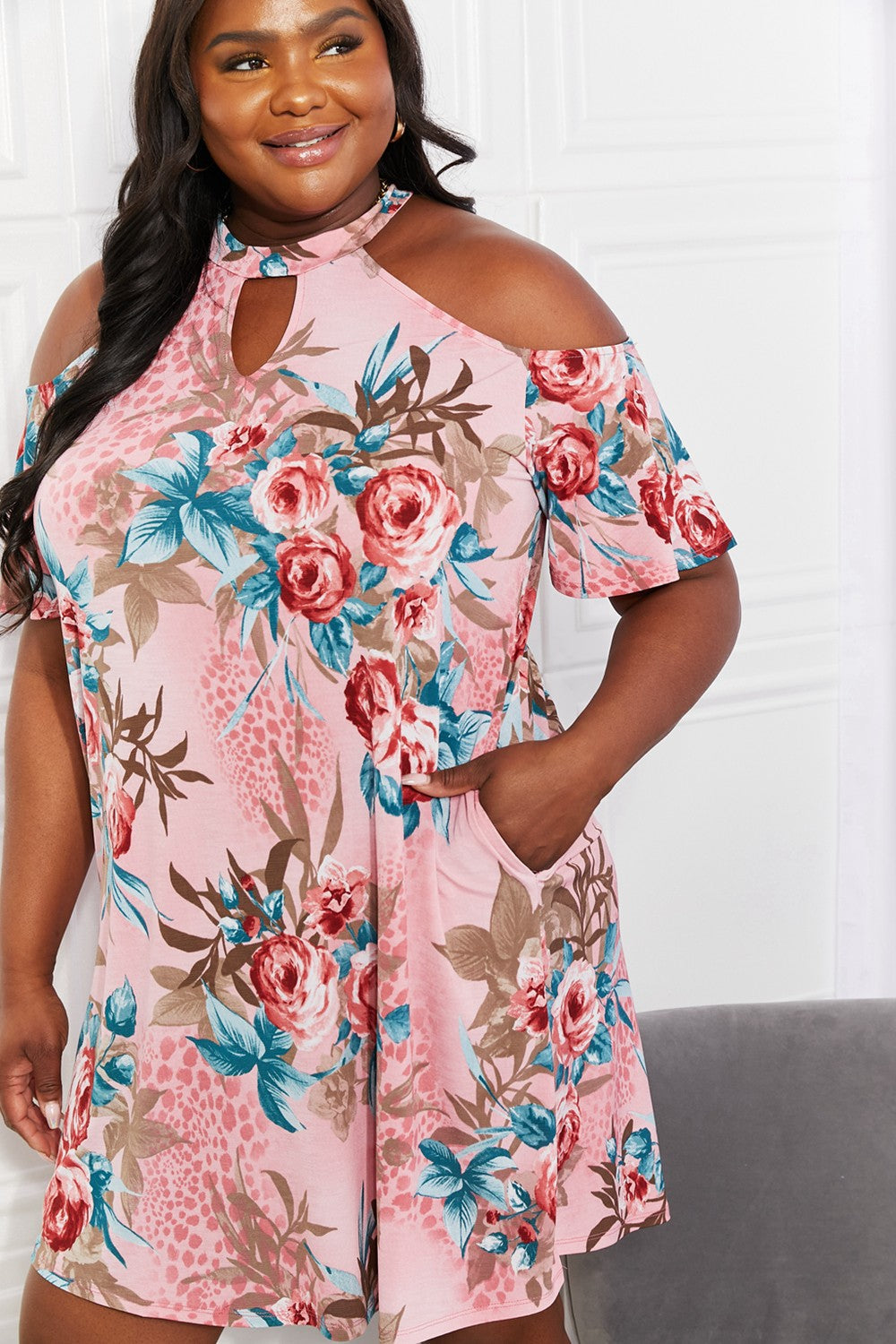 Sew In Love Full Size Fresh-Cut Flowers Cold-Shoulder Dress Print on any thing USA/STOD clothes