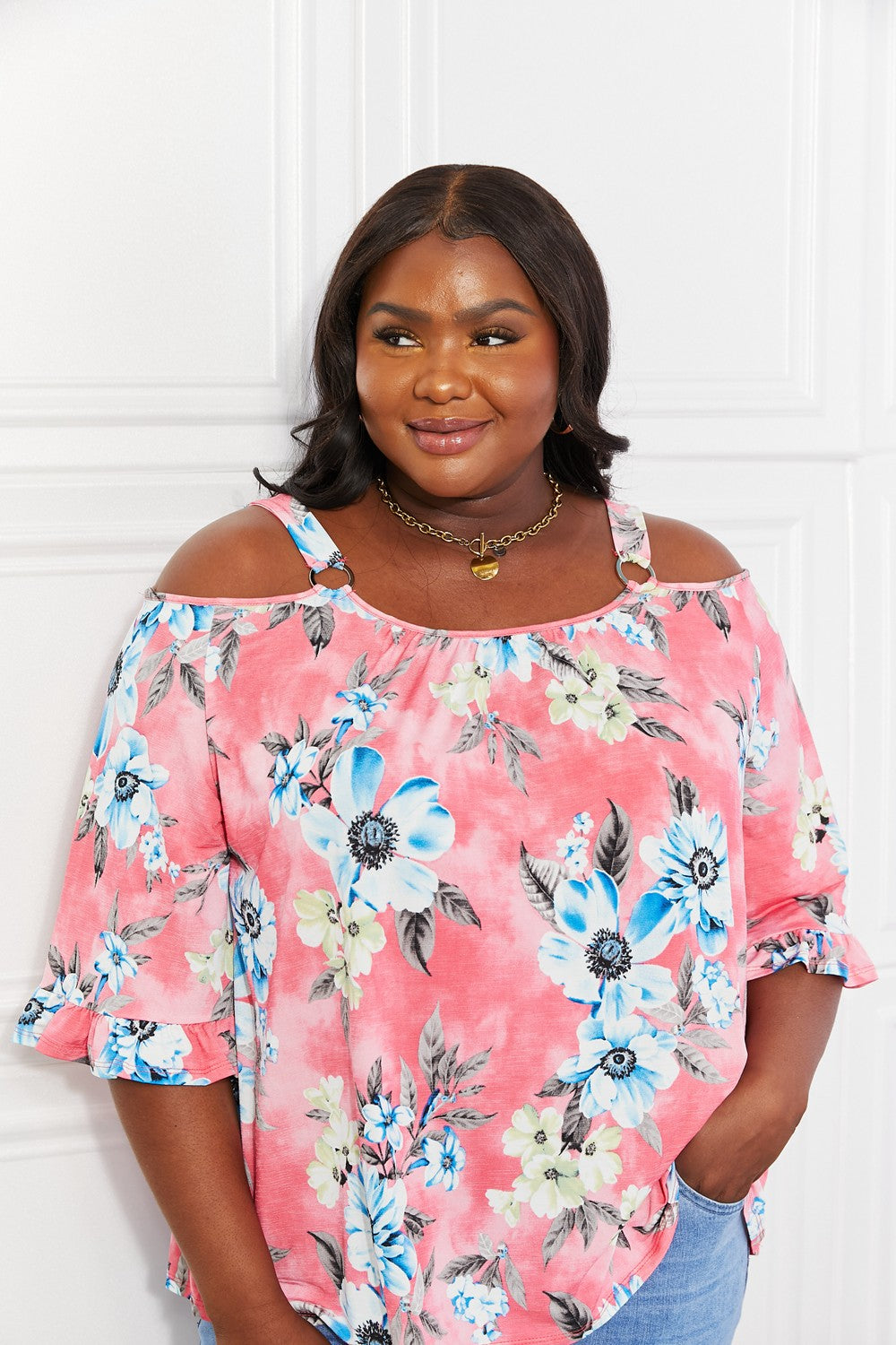 Sew In Love Full Size Fresh Take  Floral Cold-Shoulder Top Print on any thing USA/STOD clothes