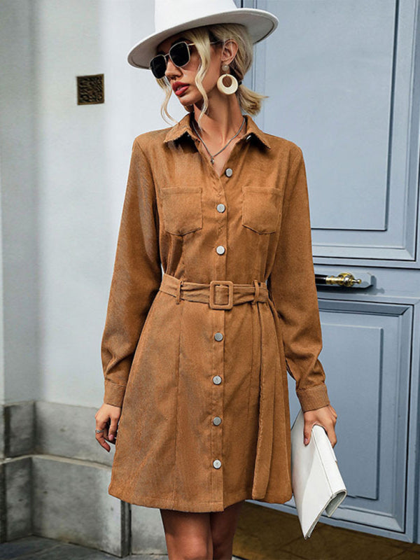 Shirt style lapel long sleeve corduroy dress Print on any thing USA/STOD clothes