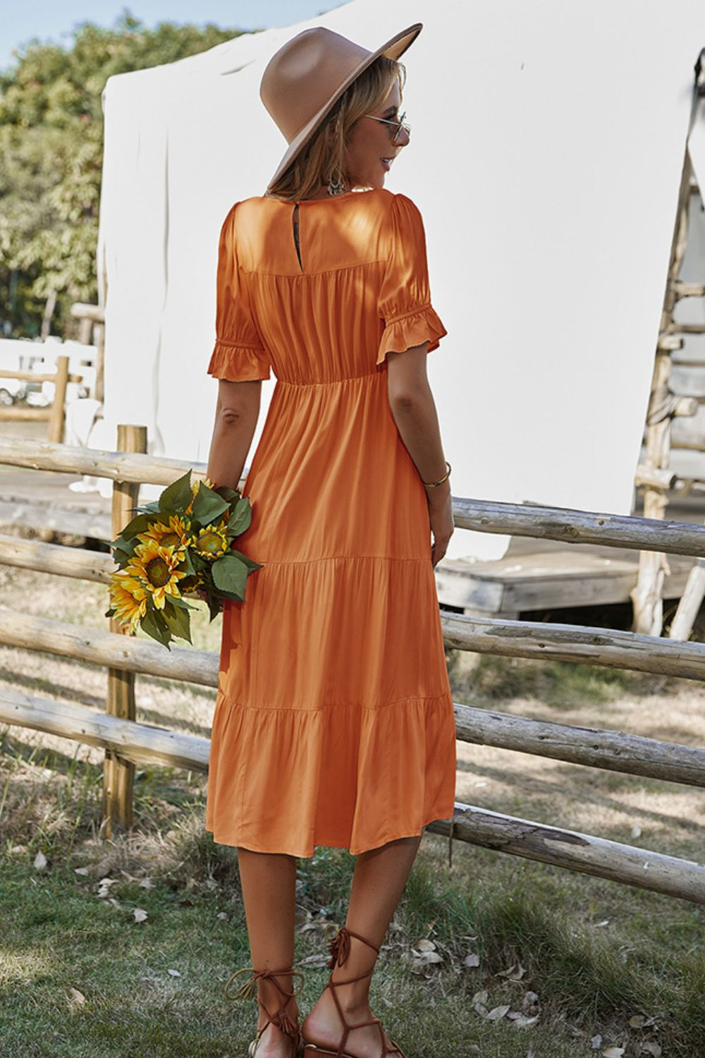 Short Flounce Sleeve Tiered Midi Dress Print on any thing USA/STOD clothes