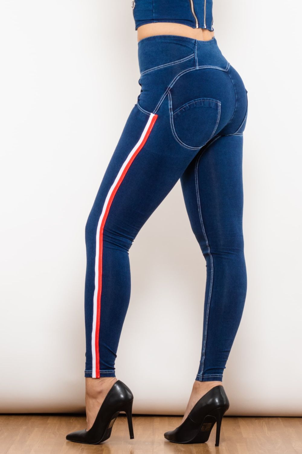 Side Stripe Buttoned High Waist Skinny Jeans Print on any thing USA/STOD clothes
