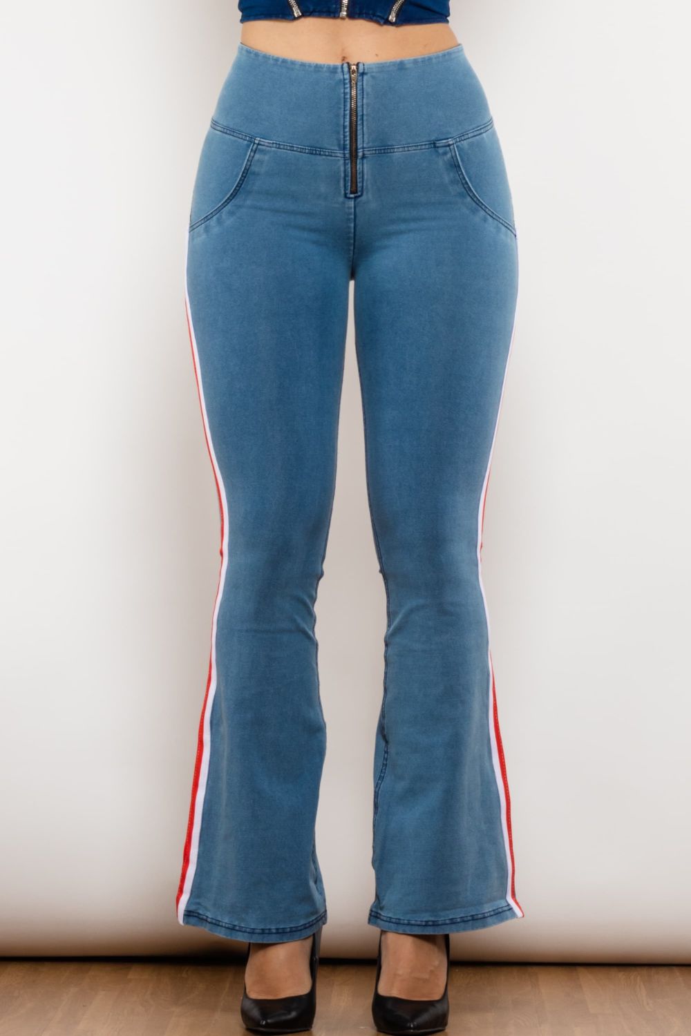 Side Stripe Zip Closure Bootcut Jeans Print on any thing USA/STOD clothes