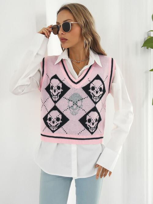 Skull Contrast V-Neck Sweater Vest Print on any thing USA/STOD clothes