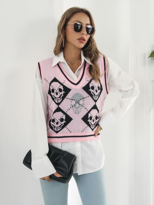 Skull Contrast V-Neck Sweater Vest Print on any thing USA/STOD clothes