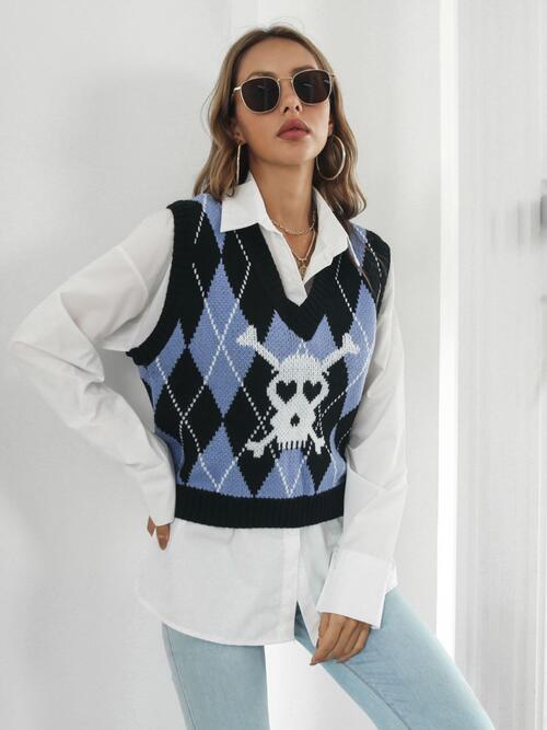 Skull Geometric V-Neck Sweater Vest Print on any thing USA/STOD clothes
