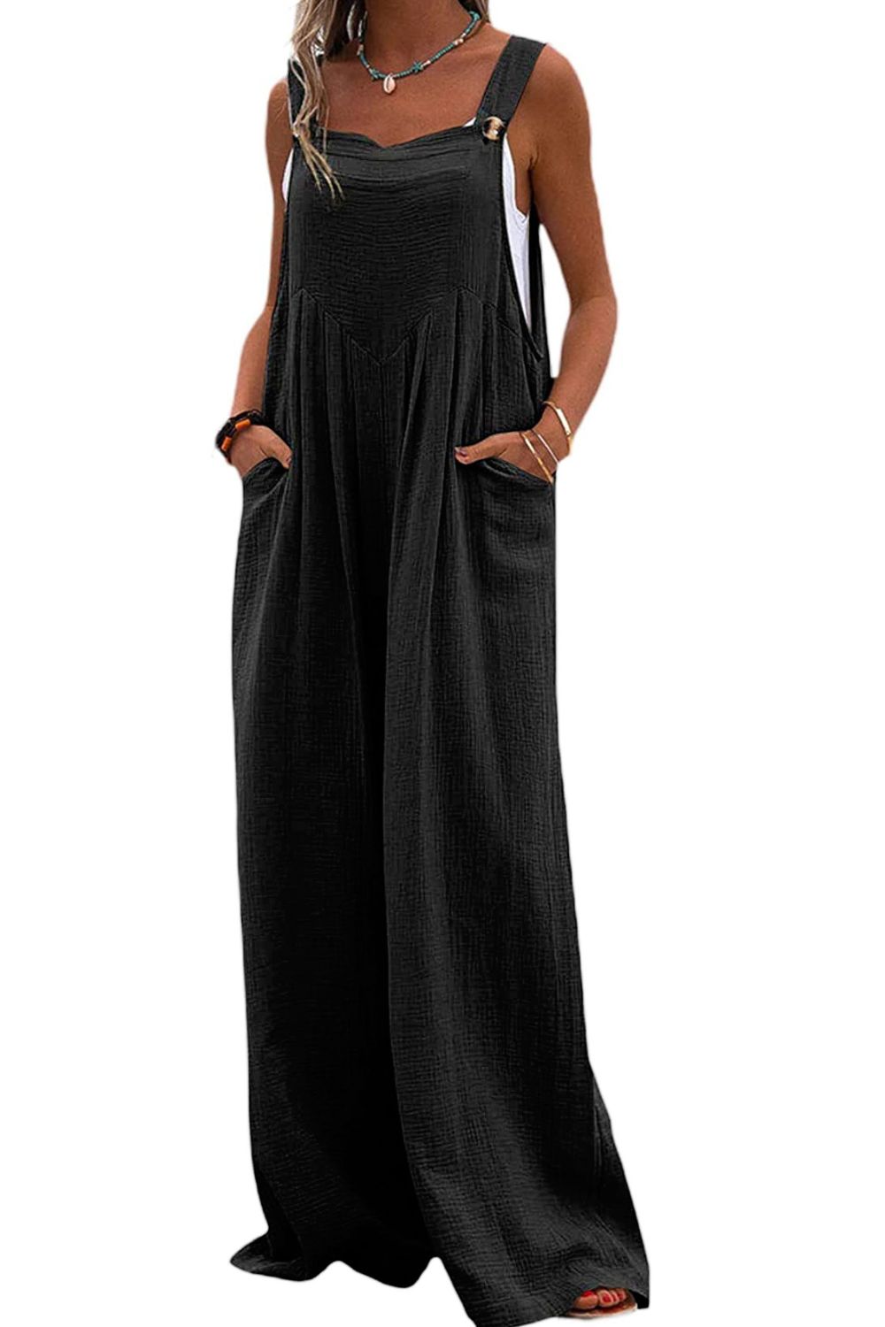 Sleeveless Wide Leg Jumpsuit with Pockets Print on any thing USA/STOD clothes
