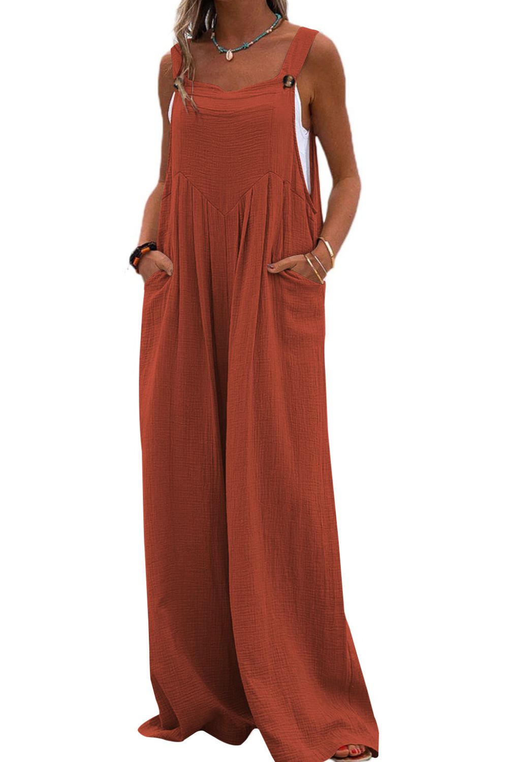 Sleeveless Wide Leg Jumpsuit with Pockets Print on any thing USA/STOD clothes