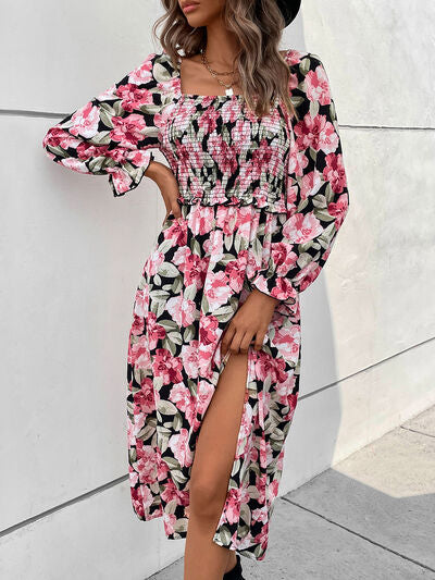 Slit Smocked Floral Flounce Sleeve Dress Print on any thing USA/STOD clothes