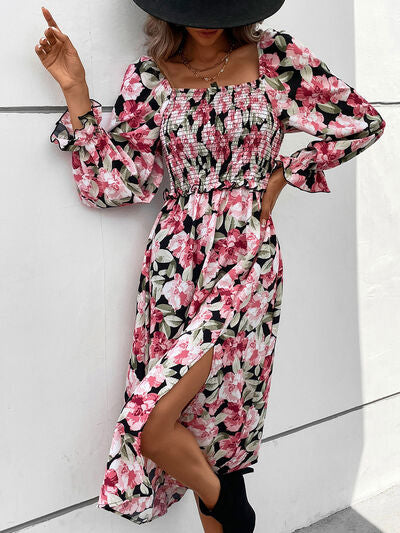 Slit Smocked Floral Flounce Sleeve Dress Print on any thing USA/STOD clothes