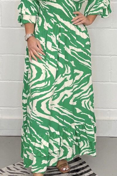 Smocked Printed Flounce Sleeve Maxi Dress Print on any thing USA/STOD clothes