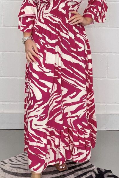 Smocked Printed Flounce Sleeve Maxi Dress Print on any thing USA/STOD clothes