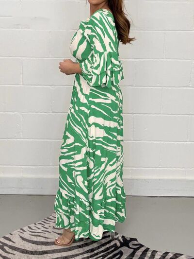 Smocked Printed Flounce Sleeve Maxi Dress Print on any thing USA/STOD clothes