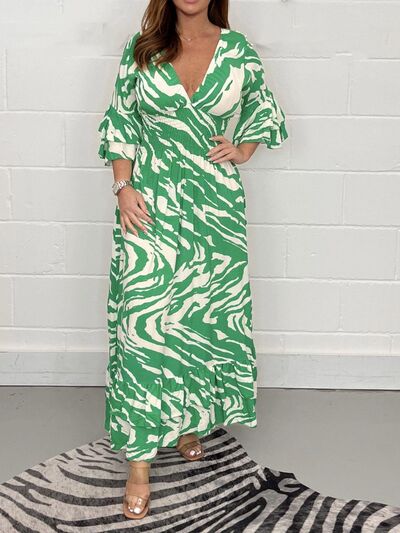 Smocked Printed Flounce Sleeve Maxi Dress Print on any thing USA/STOD clothes