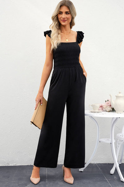 Smocked Square Neck Wide Leg Jumpsuit with Pockets Print on any thing USA/STOD clothes