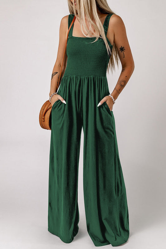 Smocked Square Neck Wide Leg Jumpsuit with Pockets Print on any thing USA/STOD clothes