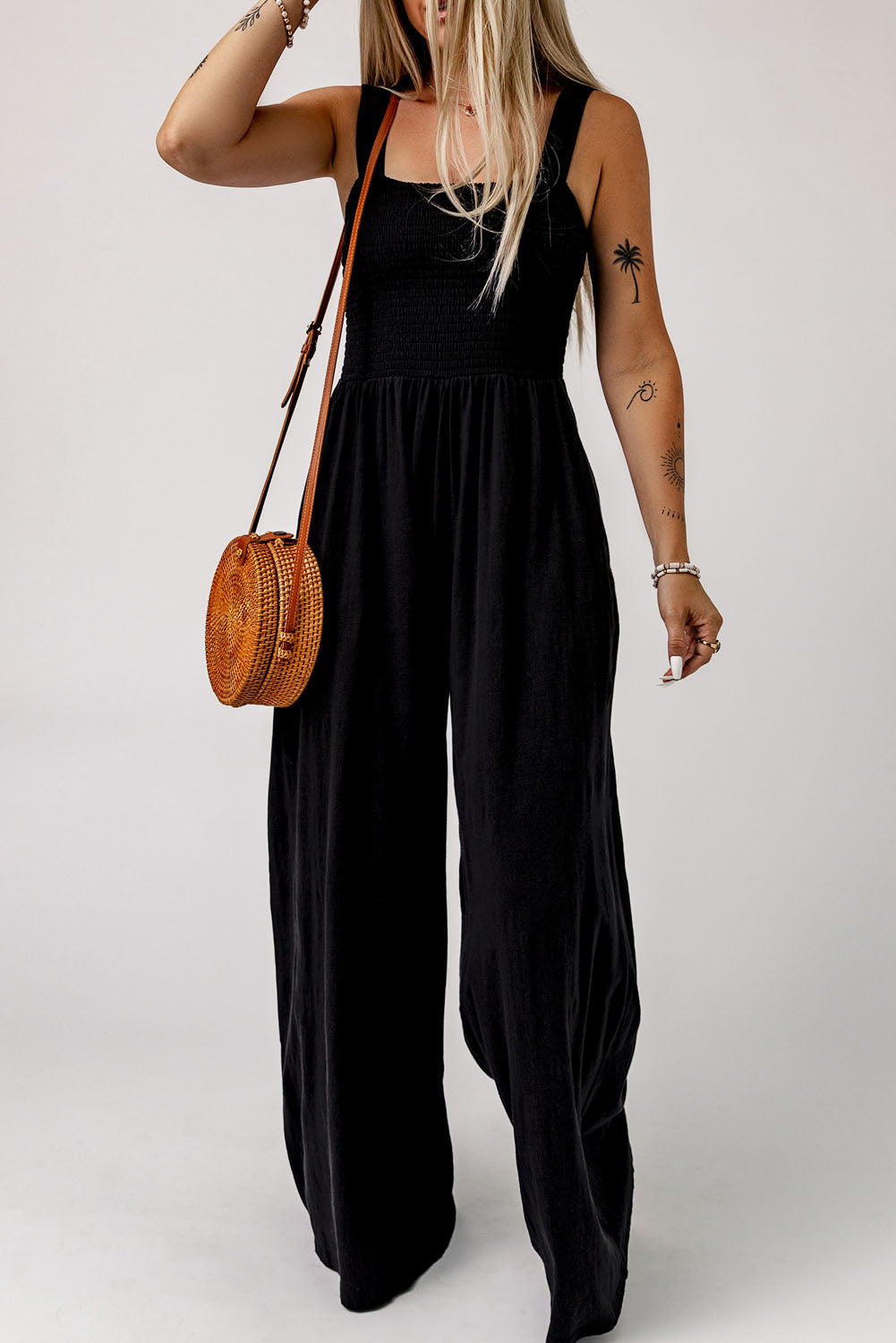 Smocked Square Neck Wide Leg Jumpsuit with Pockets Print on any thing USA/STOD clothes