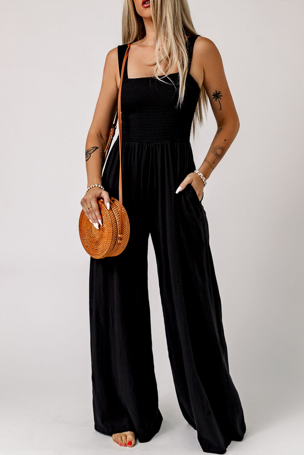 Smocked Square Neck Wide Leg Jumpsuit with Pockets Print on any thing USA/STOD clothes