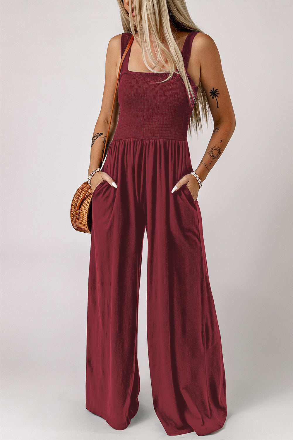 Smocked Square Neck Wide Leg Jumpsuit with Pockets Print on any thing USA/STOD clothes