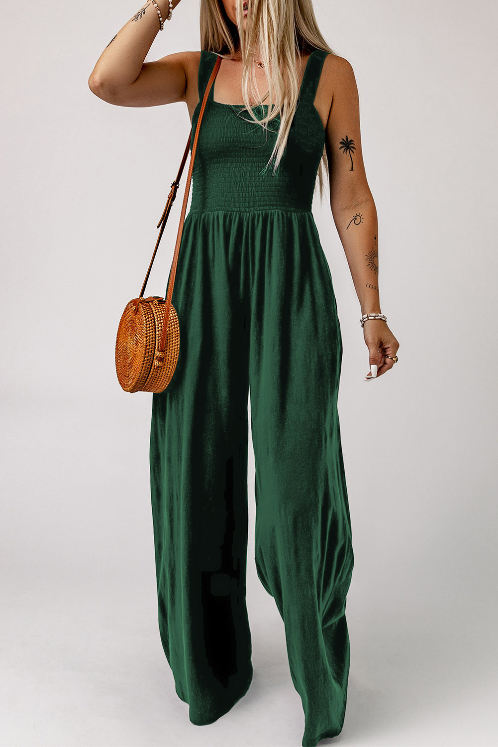 Smocked Square Neck Wide Leg Jumpsuit with Pockets Print on any thing USA/STOD clothes