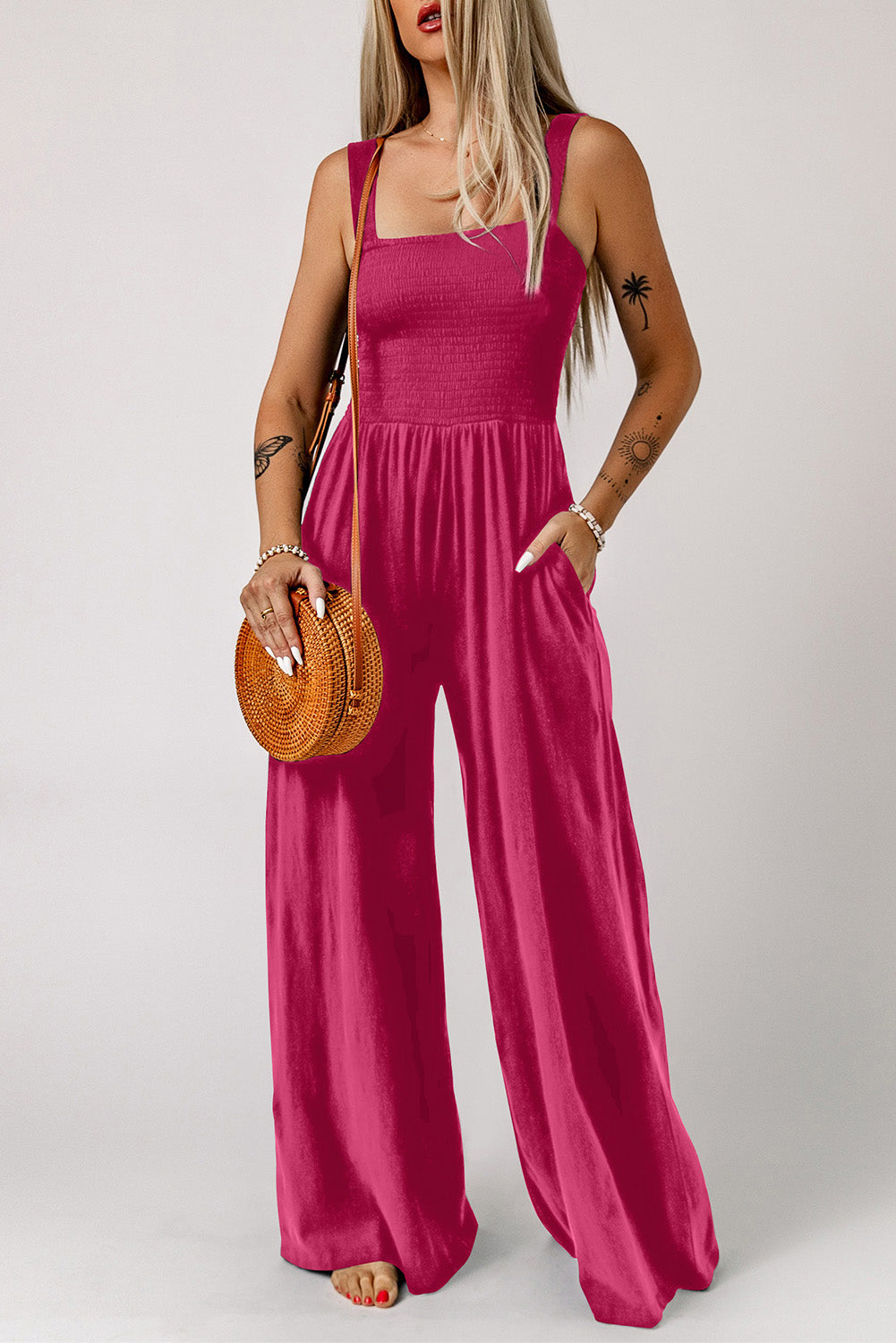 Smocked Square Neck Wide Leg Jumpsuit with Pockets Print on any thing USA/STOD clothes