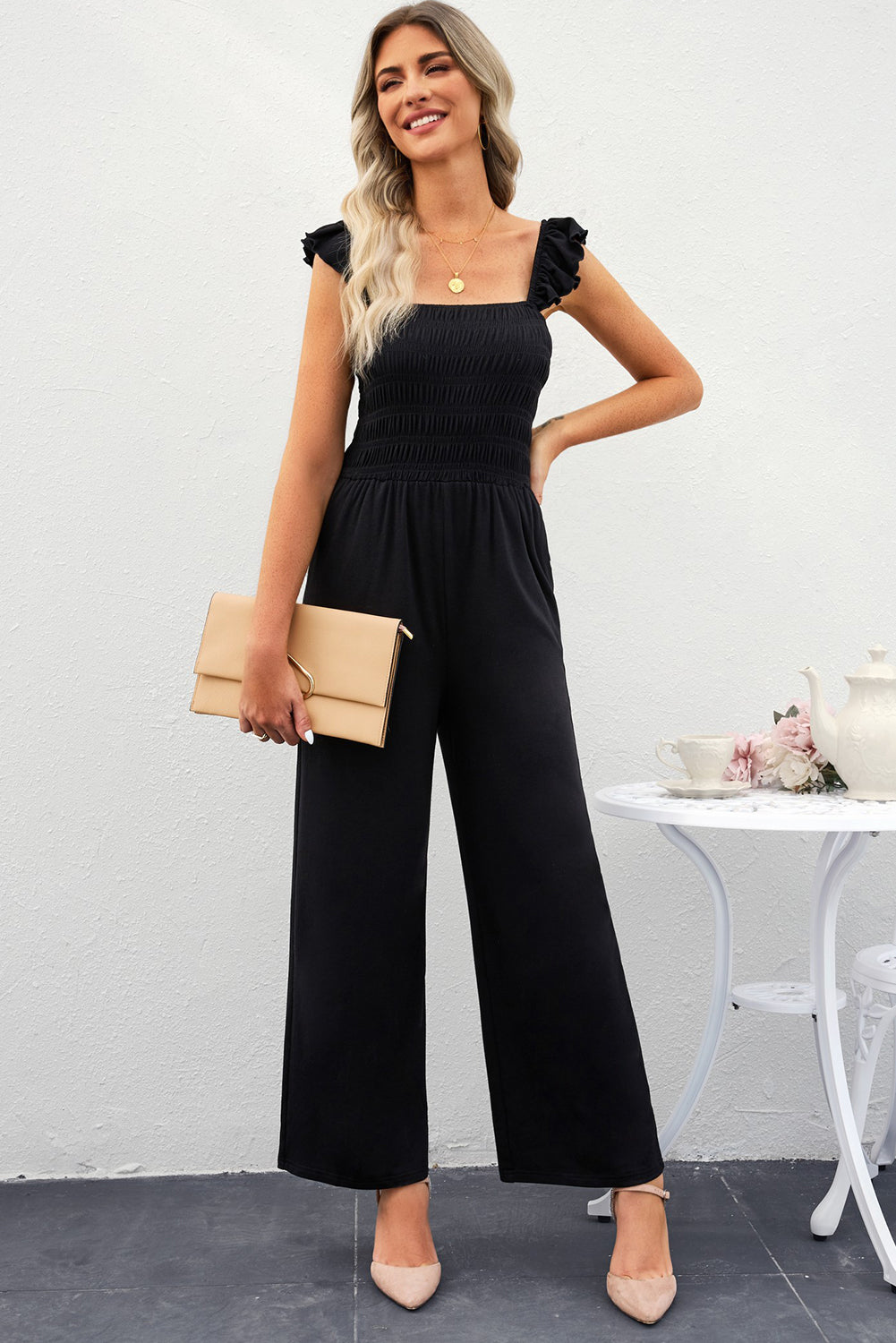 Smocked Square Neck Wide Leg Jumpsuit with Pockets Print on any thing USA/STOD clothes