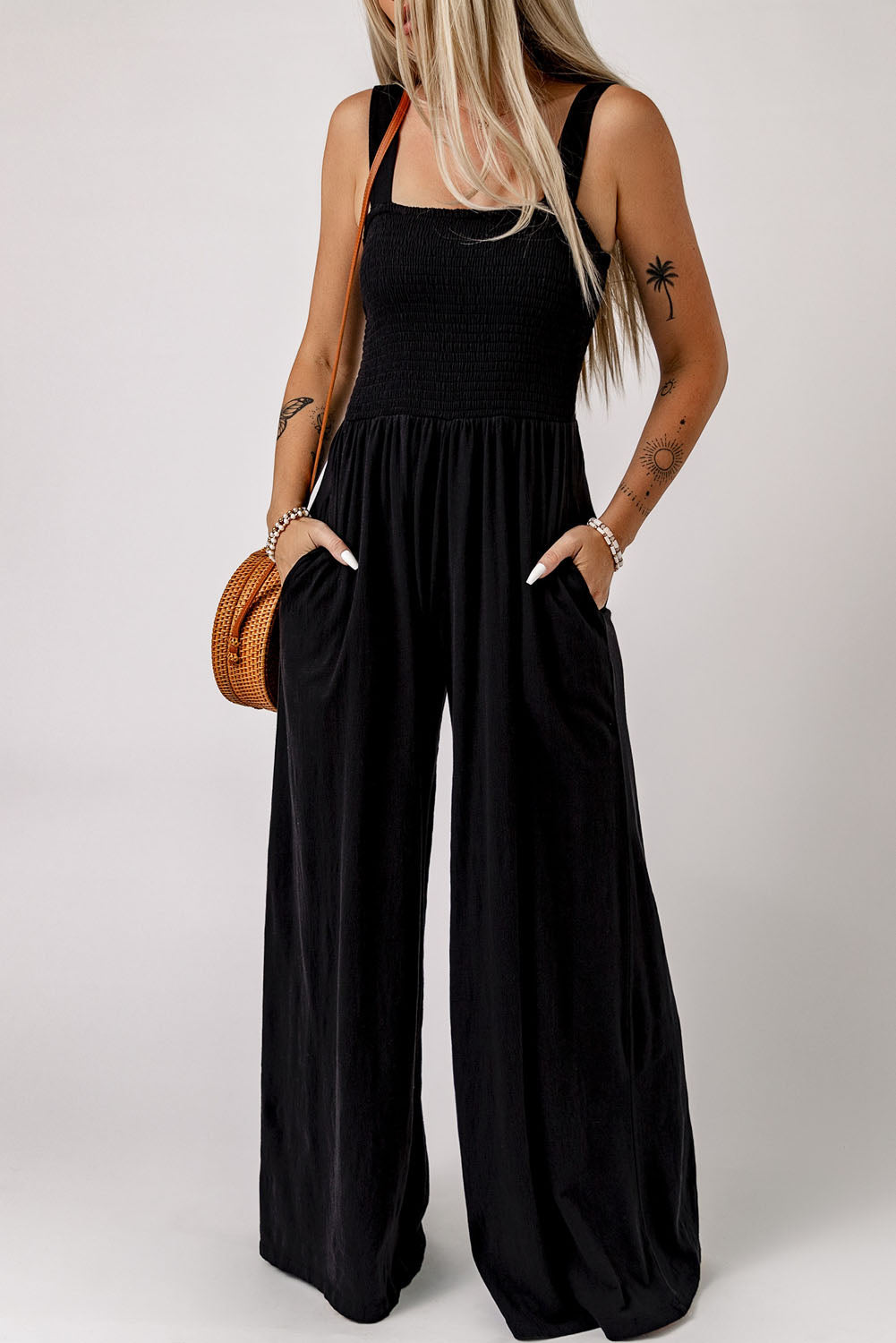 Smocked Square Neck Wide Leg Jumpsuit with Pockets Print on any thing USA/STOD clothes