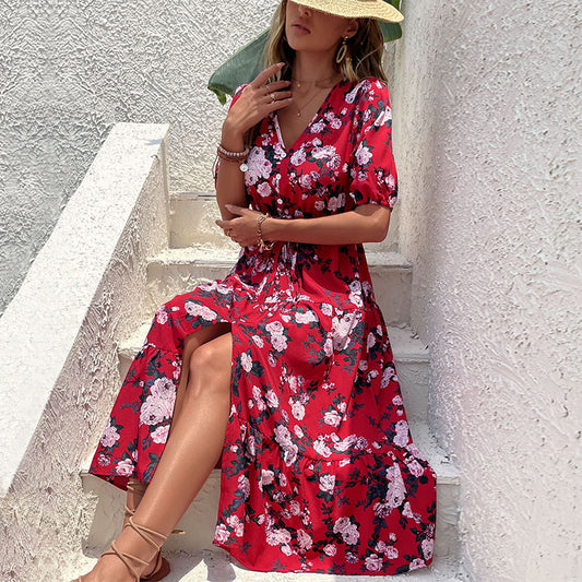 Women's floral printed v-neck slit dress