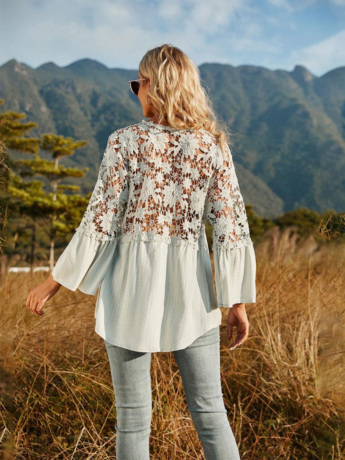 Spliced Lace Buttoned Blouse Print on any thing USA/STOD clothes