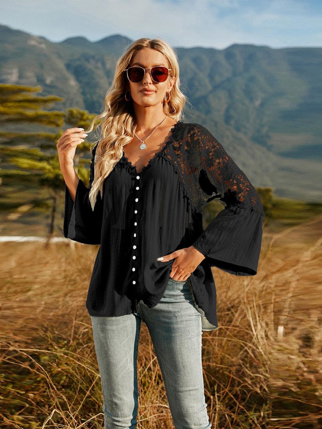 Spliced Lace Buttoned Blouse Print on any thing USA/STOD clothes
