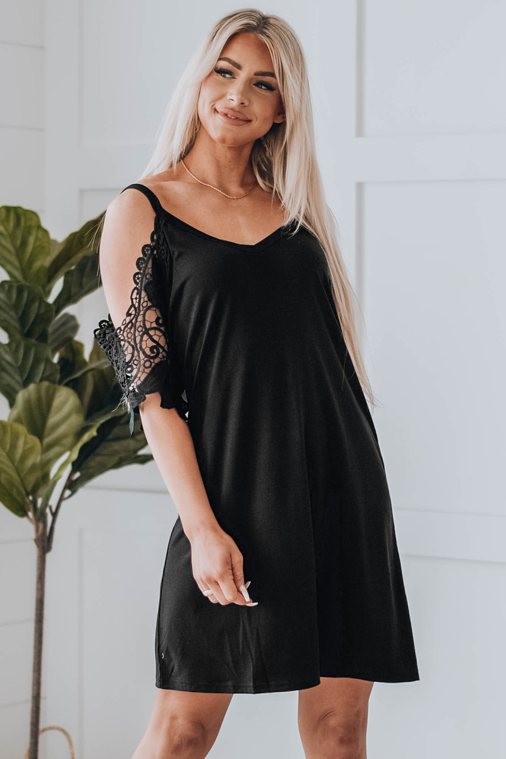 Spliced Lace Cold-Shoulder Mini Dress Print on any thing USA/STOD clothes