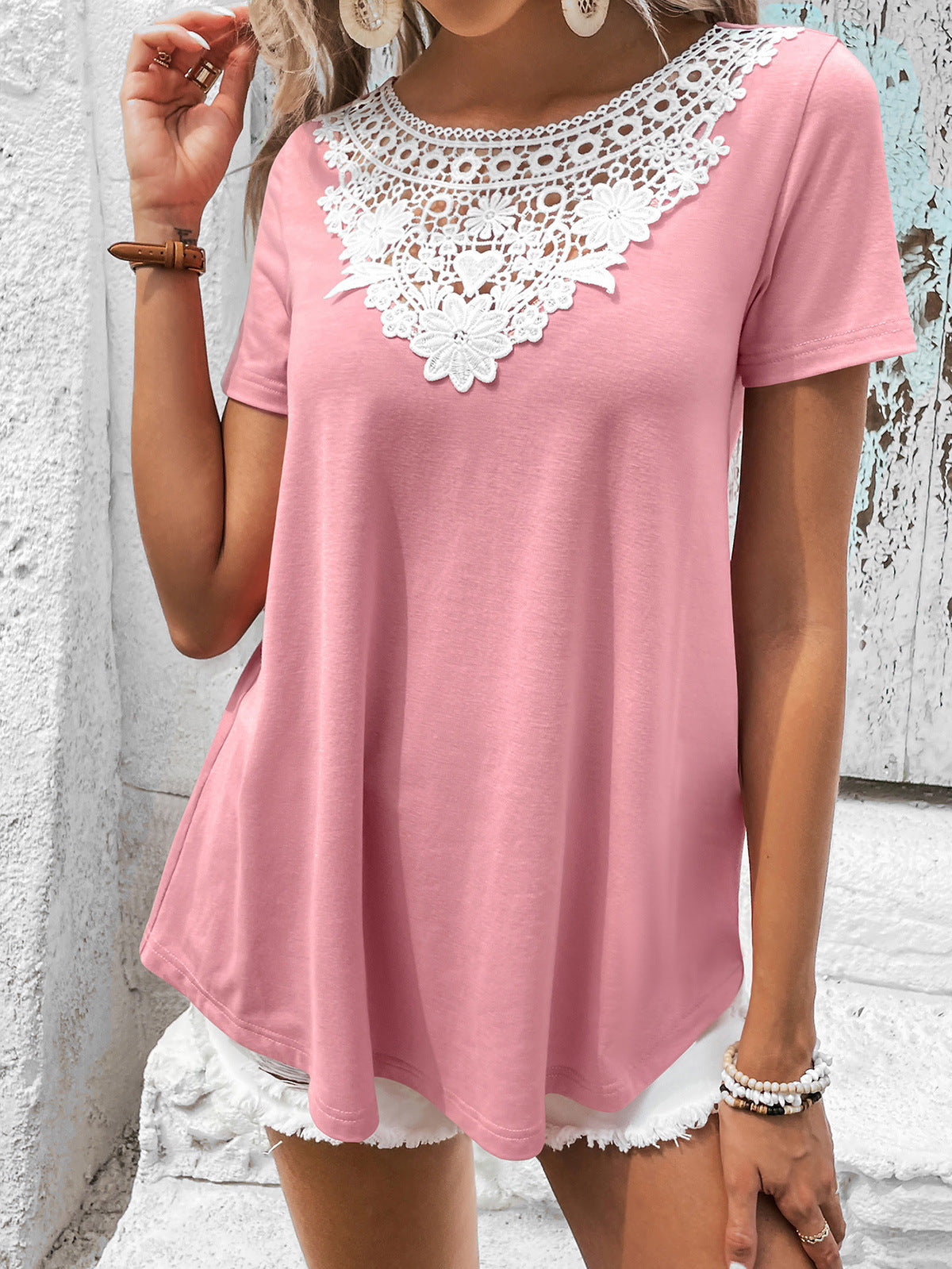 Spliced Lace Contrast Short Sleeve Top Print on any thing USA/STOD clothes