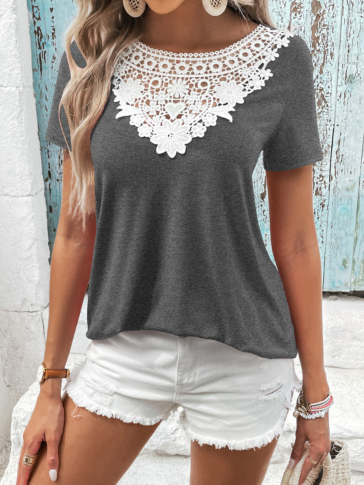 Spliced Lace Contrast Short Sleeve Top Print on any thing USA/STOD clothes