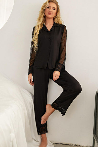 Spliced Lace Lapel Collar Pajama Set Print on any thing USA/STOD clothes