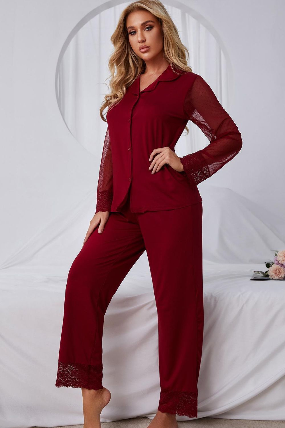 Spliced Lace Lapel Collar Pajama Set Print on any thing USA/STOD clothes