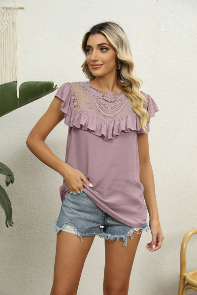 Spliced Lace Ruffled Blouse Print on any thing USA/STOD clothes