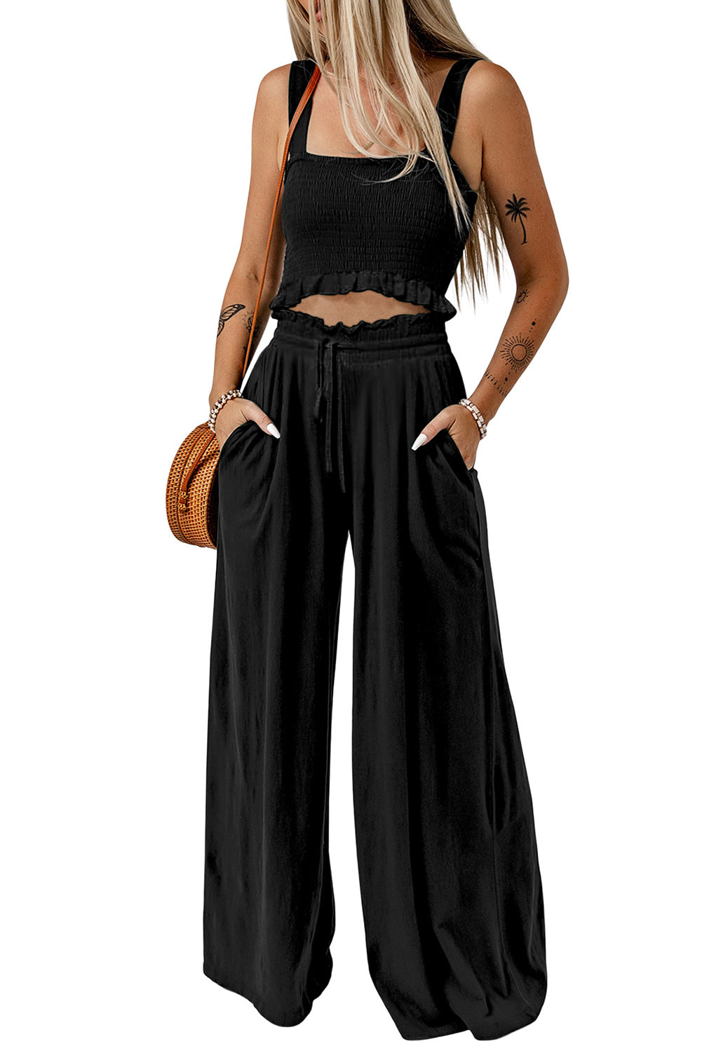 Square Neck Cropped Tank Top and Long Pants Set Print on any thing USA/STOD clothes