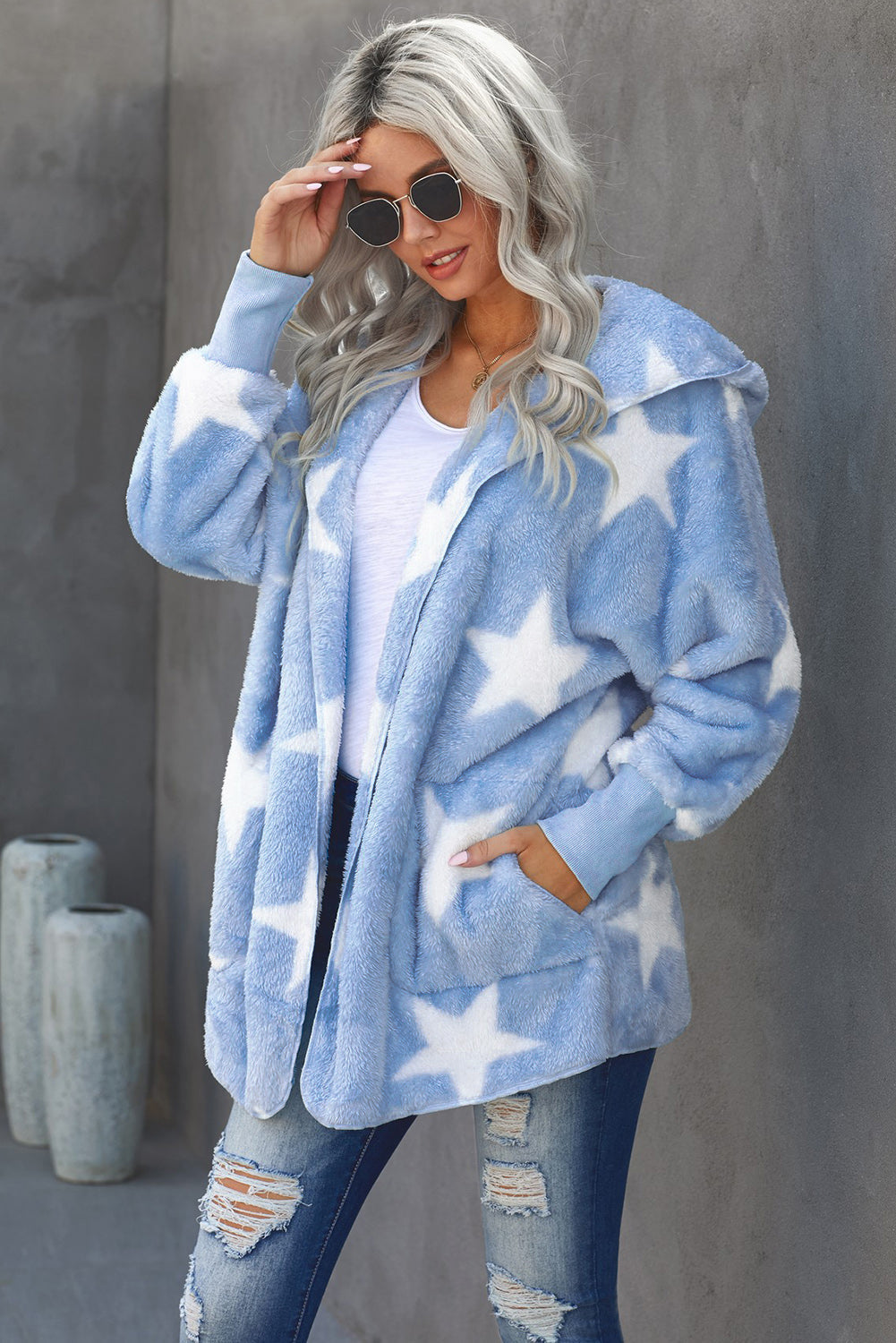 Star Open Front Fuzzy Hooded Jacket with Pockets Print on any thing USA/STOD clothes