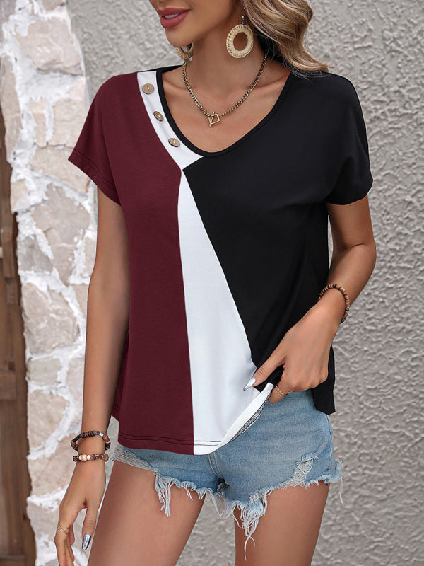 Stitching contrast color V-neck loose short-sleeved casual T-shirt top Print on any thing USA/STOD clothes