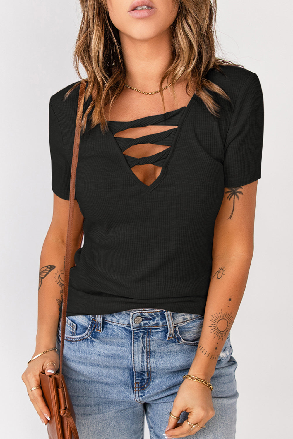 Strappy Ribbed Knit T-Shirt Print on any thing USA/STOD clothes