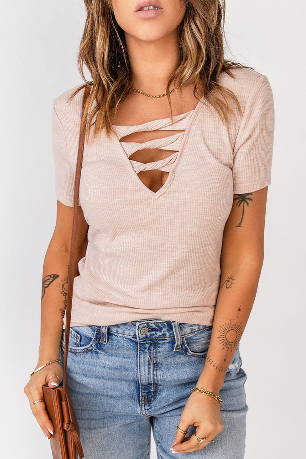 Strappy Ribbed Knit T-Shirt Print on any thing USA/STOD clothes