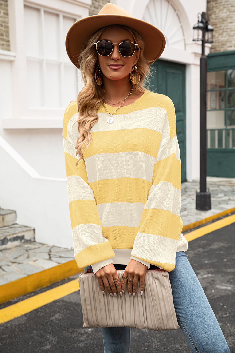 Striped Balloon Sleeve Knit Pullover Print on any thing USA/STOD clothes
