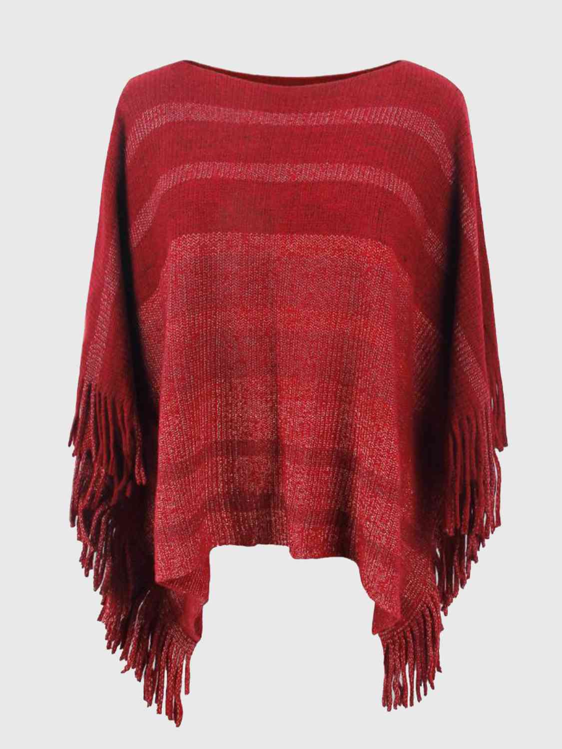 Striped Boat Neck Poncho with Fringes Print on any thing USA/STOD clothes