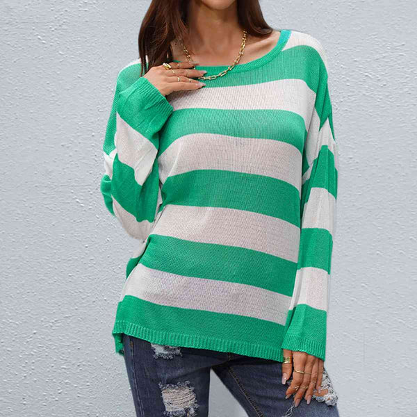 Striped Boat Neck Round Neck Sweater Print on any thing USA/STOD clothes