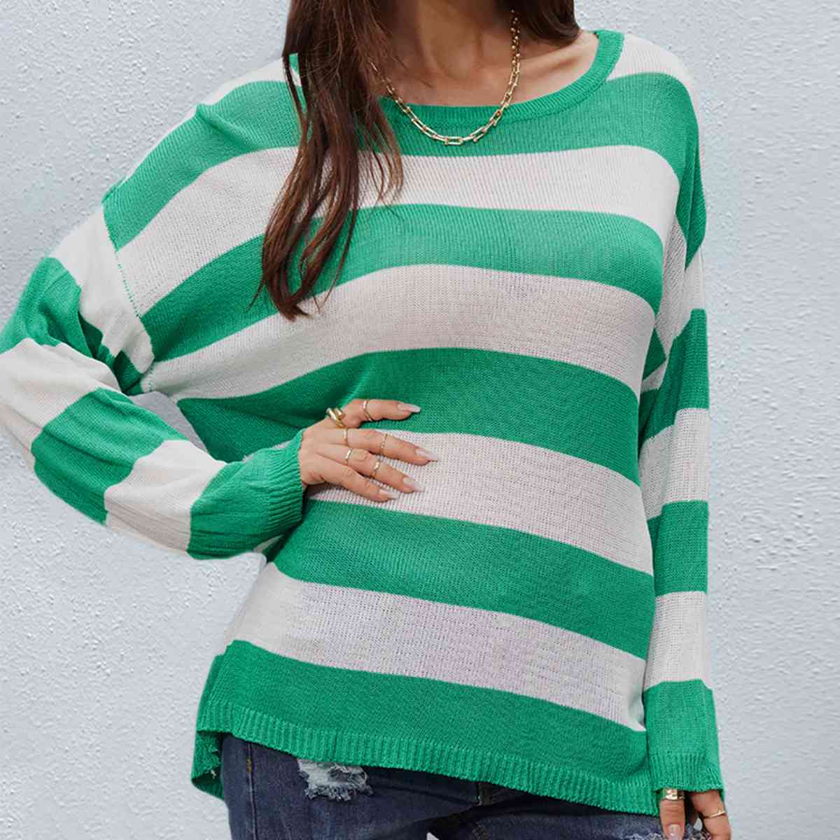 Striped Boat Neck Round Neck Sweater Print on any thing USA/STOD clothes